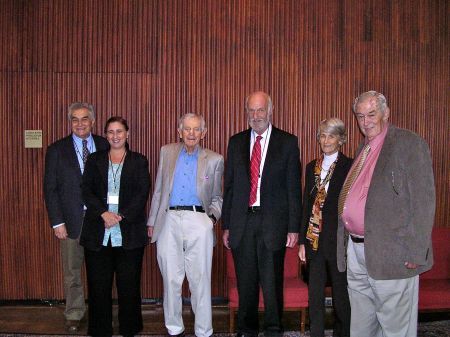 The symposium speakers gather with Garniss Curtis, who performed radiometric dating on Olduvai Gorge. (L to R: Yoel Rak, Marta Lahr, Garniss Curtis, Frank Brown, Meave Leakey, Richard Leakey). Photo credit: Steve Boles. The symposium speakers gather with Garniss Curtis, who performed radiometric dating on Olduvai Gorge. (L to R: Yoel Rak, Marta Lahr, Garniss Curtis, Frank Brown, Meave Leakey, Richard Leakey). Photo credit: Steve Boles.