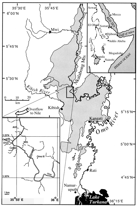 Figure 2.1. Location of the Lower Omo Valley Research Area in southern Ethiopia. Inset on lower left shows main site locations and hominid finds (modified from McDougall, et al. 2005).